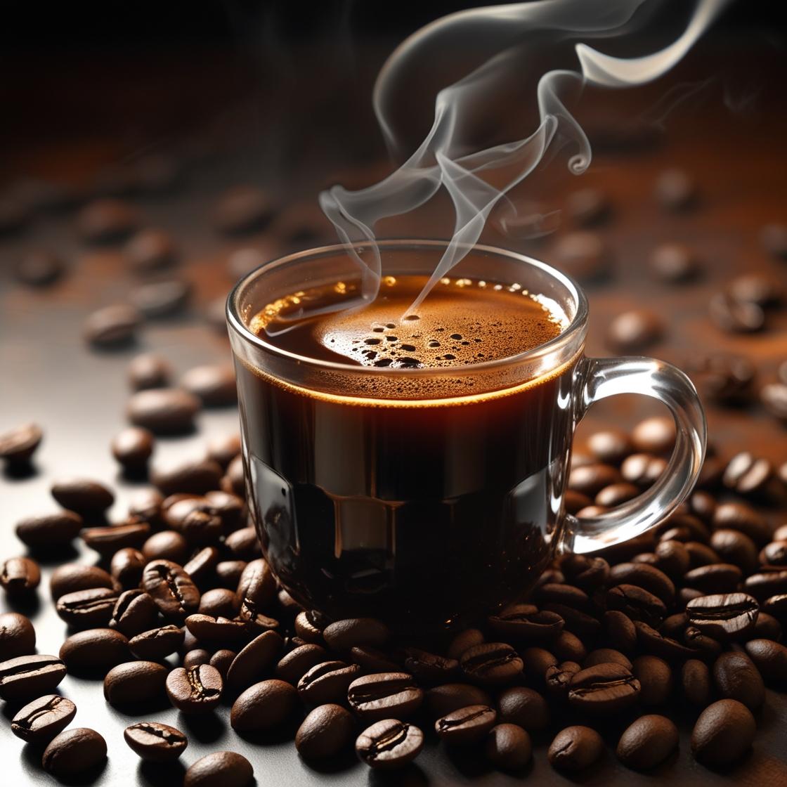 Steaming cup of coffee surrounded by coffee beans Mama Bearista Coffee