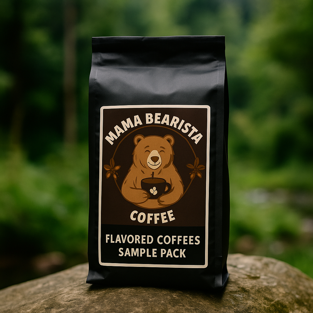Mama Bearista Coffee sample pack on a stone surface with a blurred green background